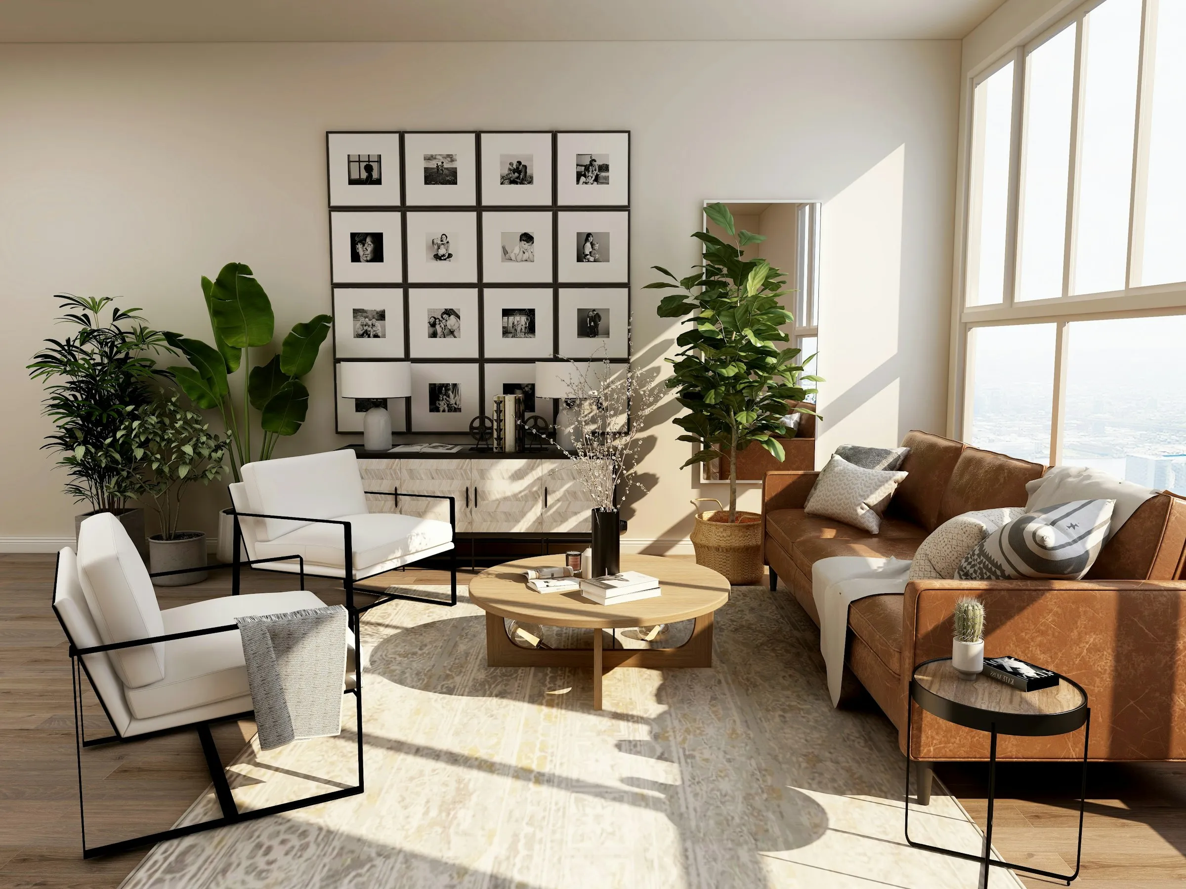 Salon con sofa de cuero, plantas y una pared de fotografias